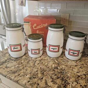 Vintage Wheaton Cucina Milk Glass 4pc Clamp Seal Canister Set USA 11743